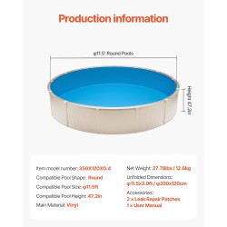 Vinyyliallasmuovi 350 x 120 cm pyöreisiin teräsreunaisiin maapinnan yläpuolisiin altaisiin
