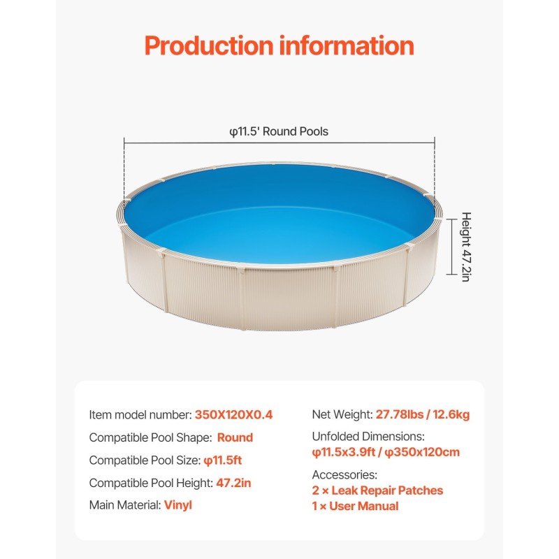 Vinyyliallasmuovi 350 x 120 cm pyöreisiin teräsreunaisiin maapinnan yläpuolisiin altaisiin