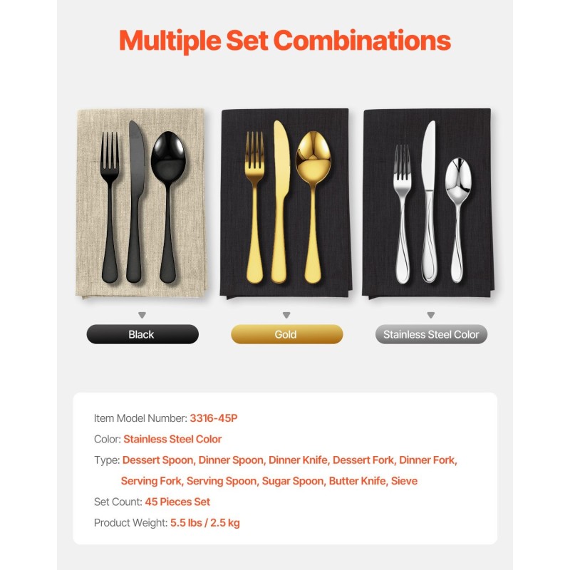 Aterinsetti 45 osaa 8 hengelle 18/10 ruostumatonta terästä konepesunkestävä