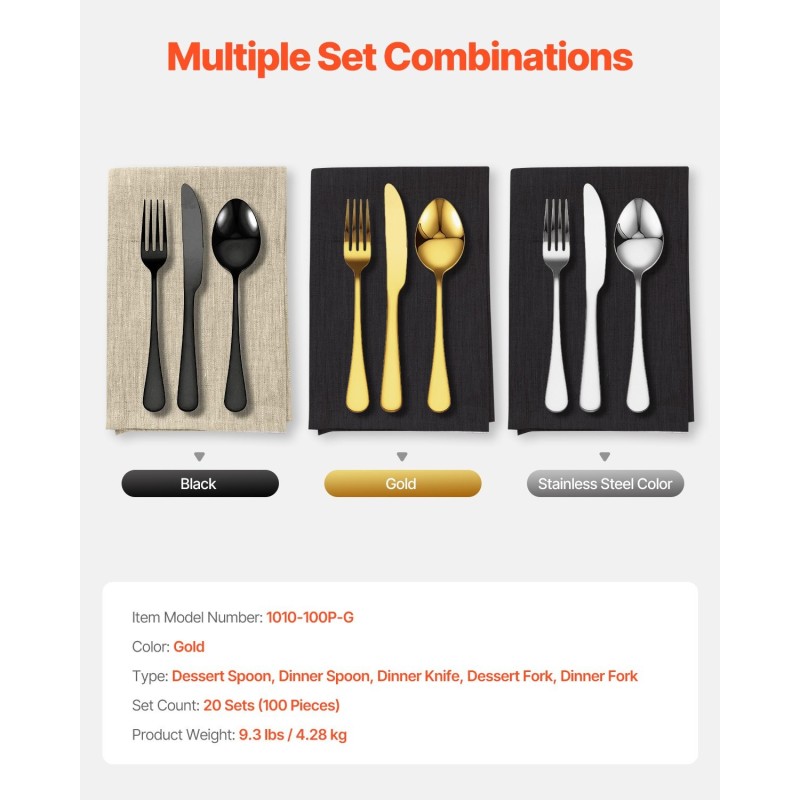 Ruokailuvälinesetti 100 osaa kullanvärinen 18/0-ruostumaton teräs 20 hengen kattaukseen peilikiillotettu