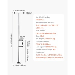 Lattia katto turvatanko säädettävä musta hiiliteräs alumiiniseos 2140–3050 mm 136 kg