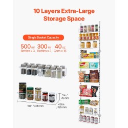 10-tasoinen oveen ripustettava säilytyshylly teräsrunko valkoinen 420x180x1950 mm