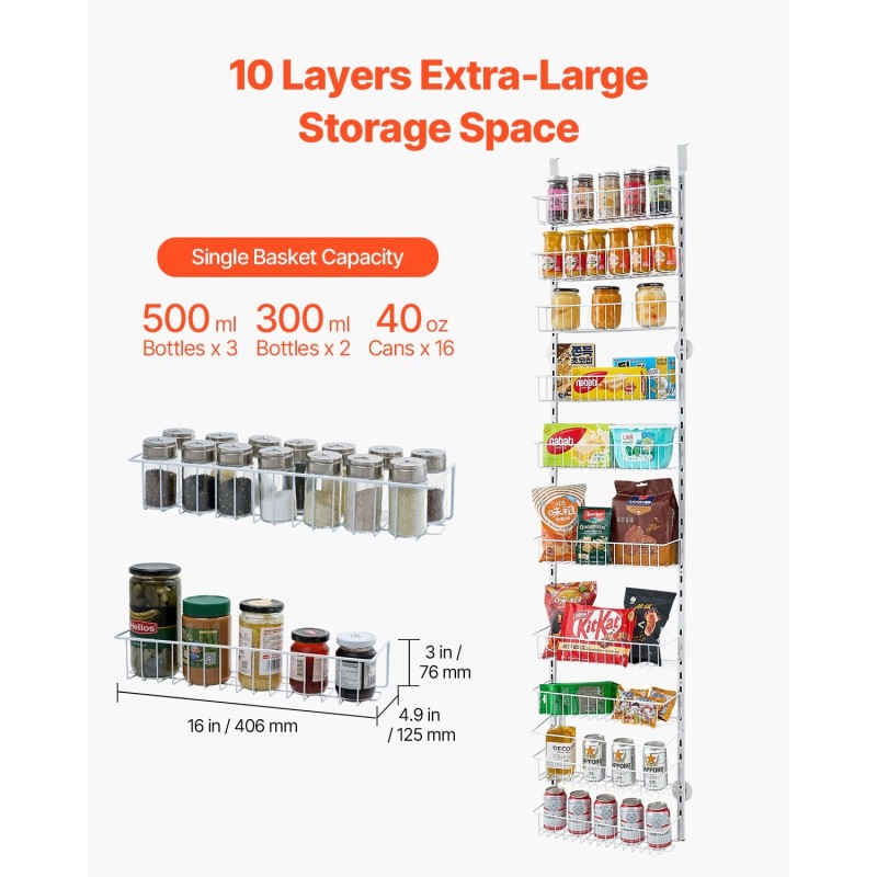 10-tasoinen oveen ripustettava säilytyshylly teräsrunko valkoinen 420x180x1950 mm