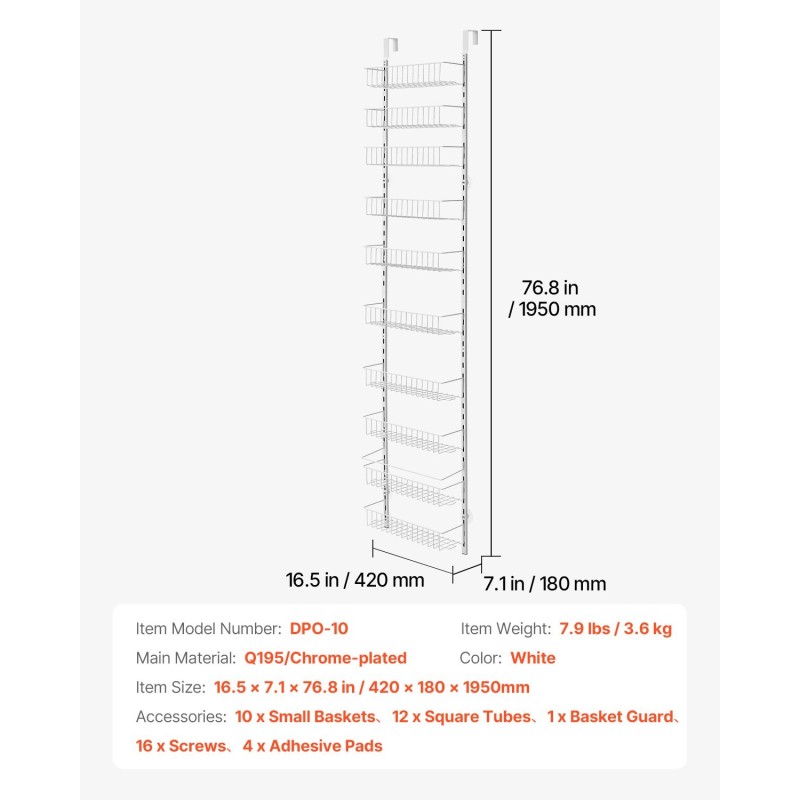 10-tasoinen oveen ripustettava säilytyshylly teräsrunko valkoinen 420x180x1950 mm