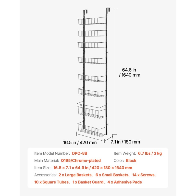 Ovien päälle ripustettava 8-tasoinen kromipinnoitettu teräshylly 420×180×1640 mm musta