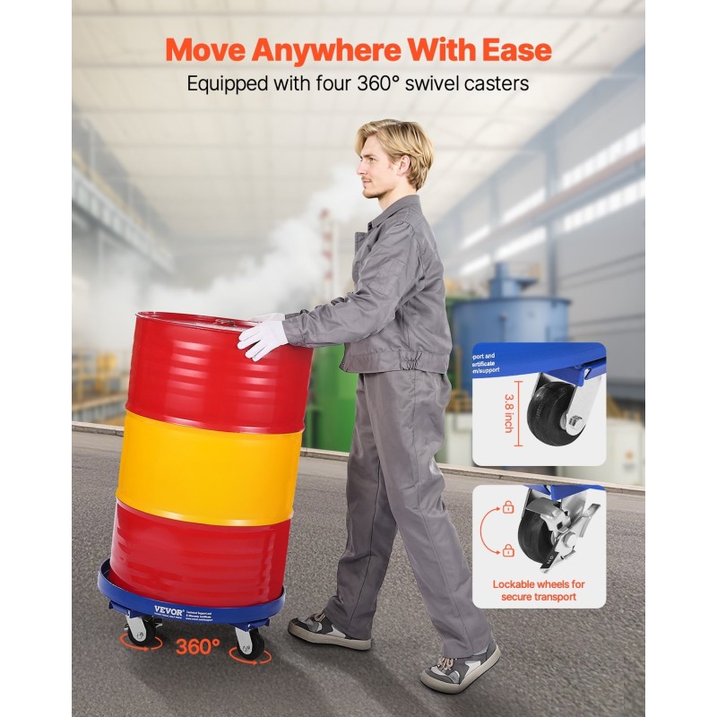 Hiiliteräs tynnyrikuljetusalusta 55 gallonan tynnyreille 907 kg kantavuus 4 kääntyvää pyörää