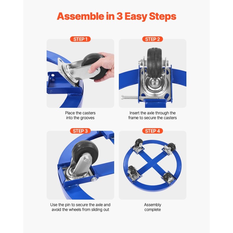 Hiiliteräs tynnyrikuljetusalusta 55 gallonan tynnyreille 907 kg kantavuus 4 kääntyvää pyörää