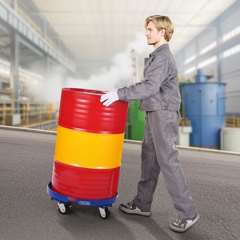 Hiiliteräs tynnyrikuljetusalusta 55 gallonan tynnyreille 907 kg kantavuus 4 kääntyvää pyörää