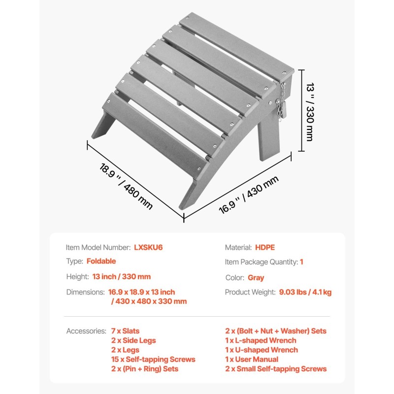 Taitettava Adirondack-rahi HDPE-muovi 330 mm korkeus harmaa ulkokäyttöön