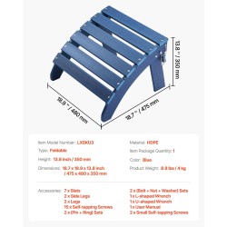 Taitettava HDPE-muovinen Adirondack-jalkatuki sininen 350 mm ulkokäyttöön