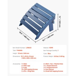 Taitettava Adirondack-jalkatuki HDPE-muovi sininen korkeus 330 mm