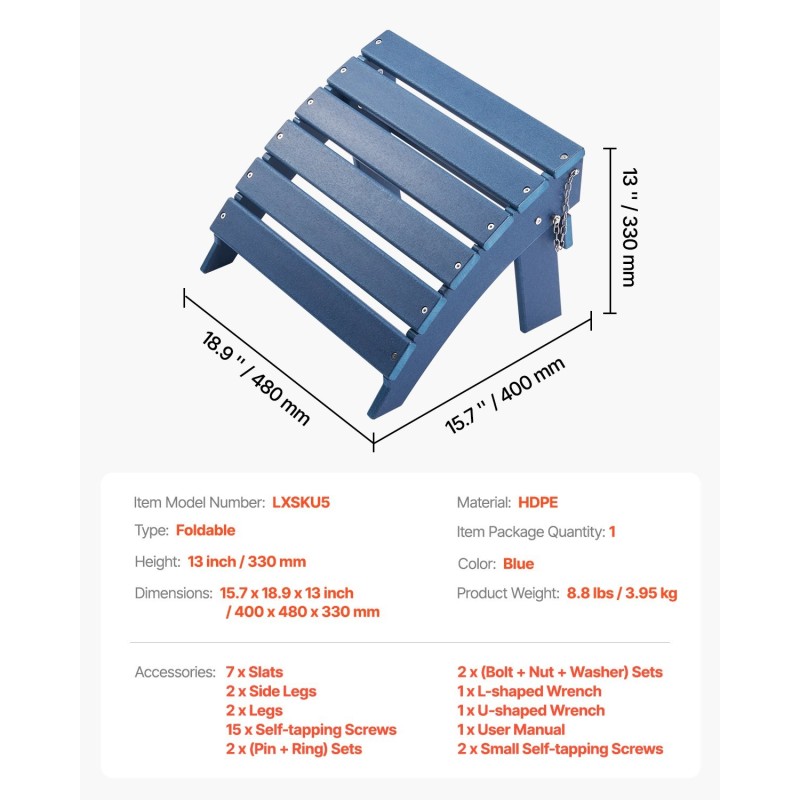 Taitettava Adirondack-jalkatuki HDPE-muovi sininen korkeus 330 mm
