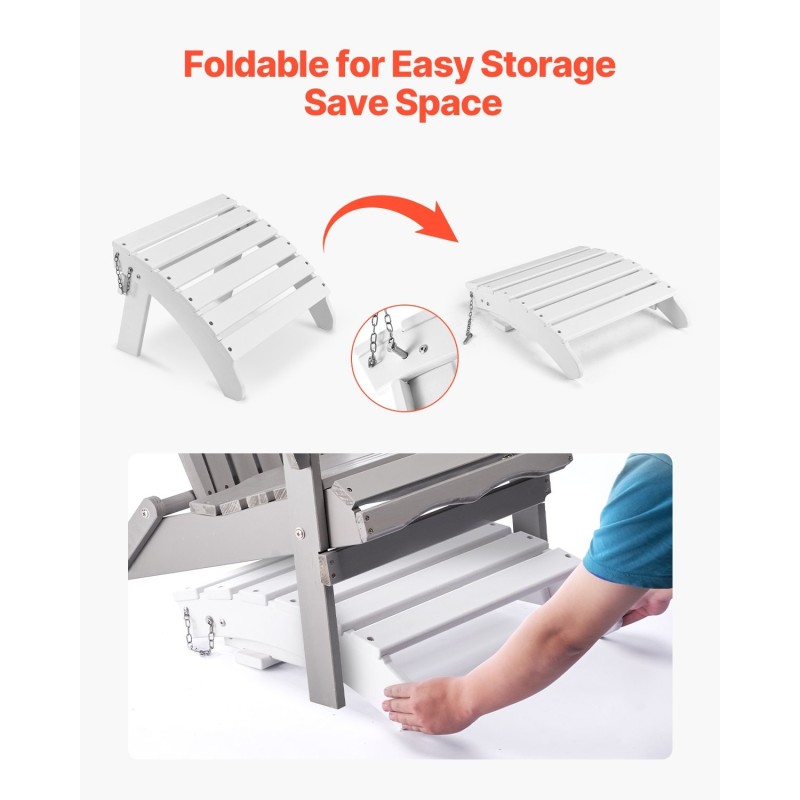 Taitettava Adirondack-jalkarahi HDPE-muovi valkoinen ulkokäyttö 350 mm 304 ruostumattomat ruuvit