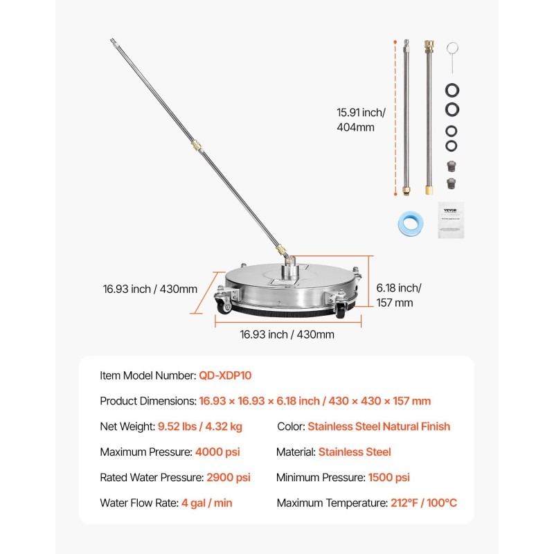Painepesurin teräspesuri 304-ruostumatonta terästä 16,5 tuumaa 4 pyörää
