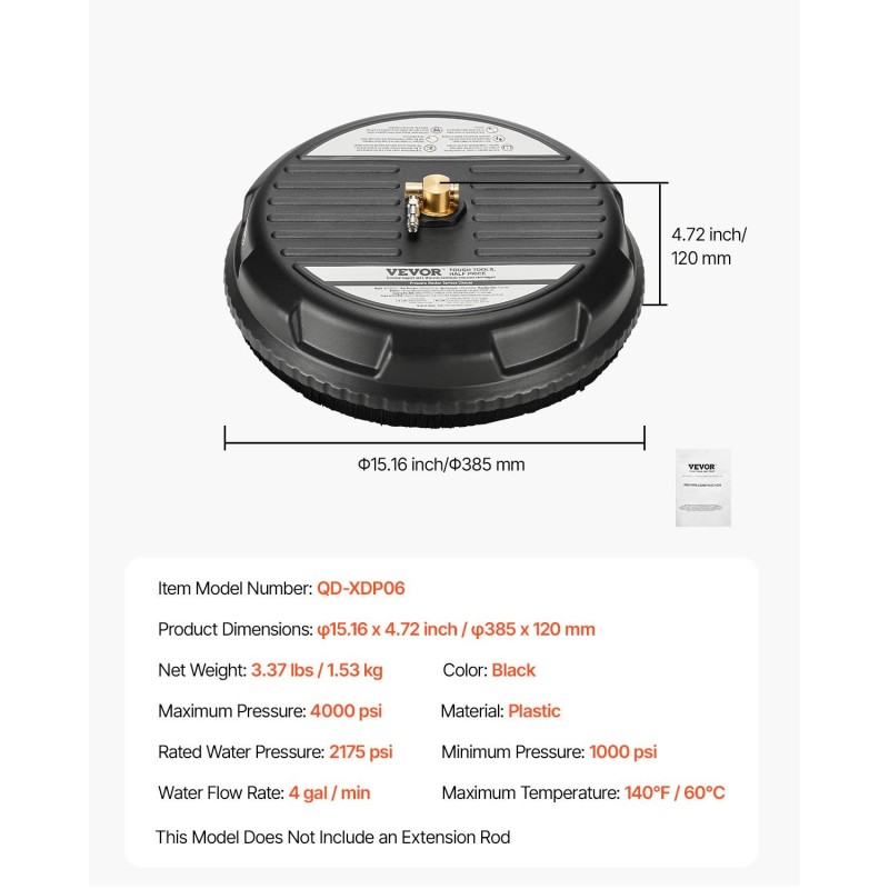 Terassipesuri 15-tuumainen muovinen nelipyöräinen painepesuriin 1/4-pikalukitusliittimelle