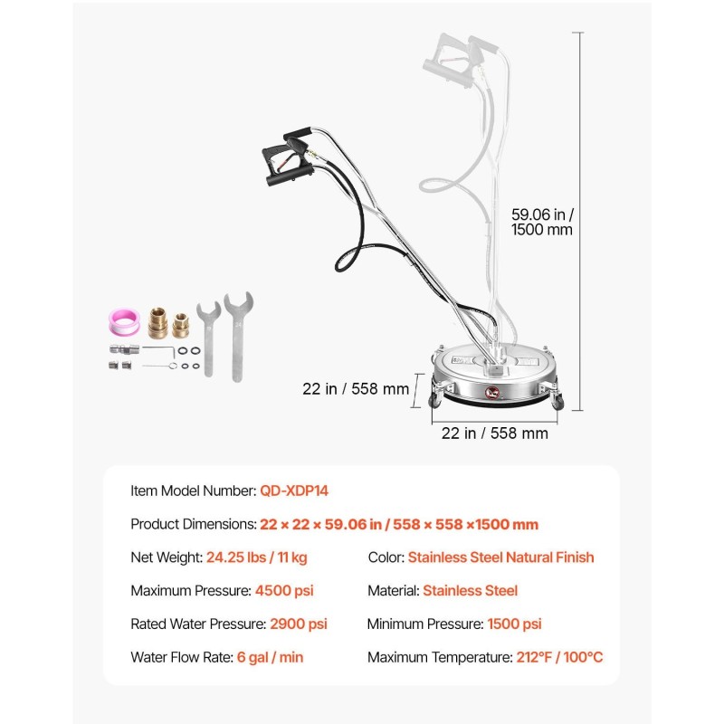 Pintapesuri 22 tuumaa ruostumatonta terästä 2 suutinta 4 pyörää kaksoiskahvalla