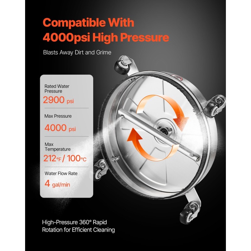 Painepesurin pintapesuri 15-tuumainen ruostumattomasta teräksestä 4 pyörää 2 suutinta betonille ja terasseille