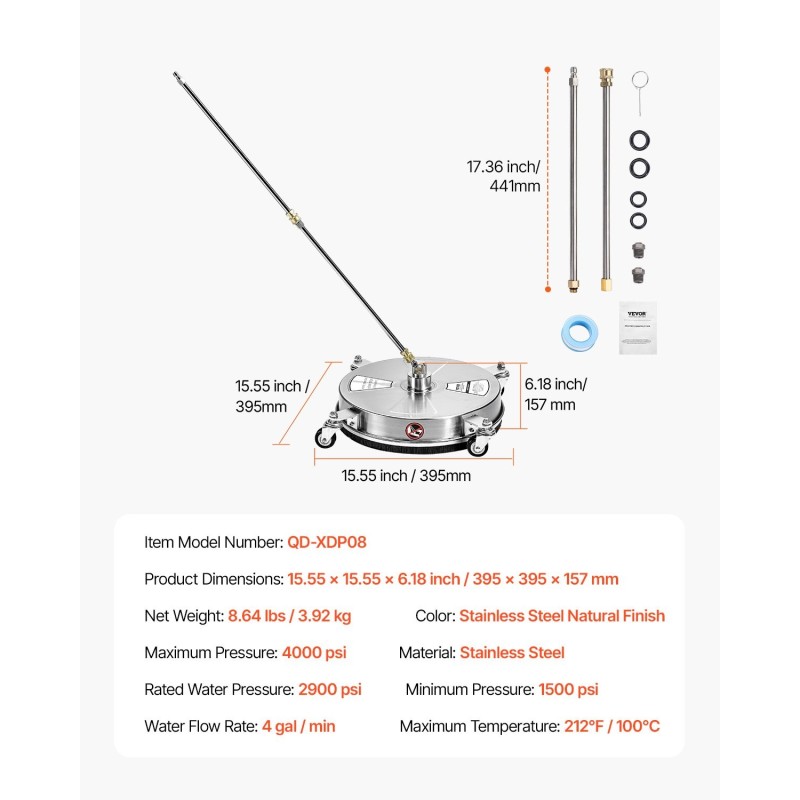 Painepesurin pintapesuri 15-tuumainen ruostumattomasta teräksestä 4 pyörää 2 suutinta betonille ja terasseille