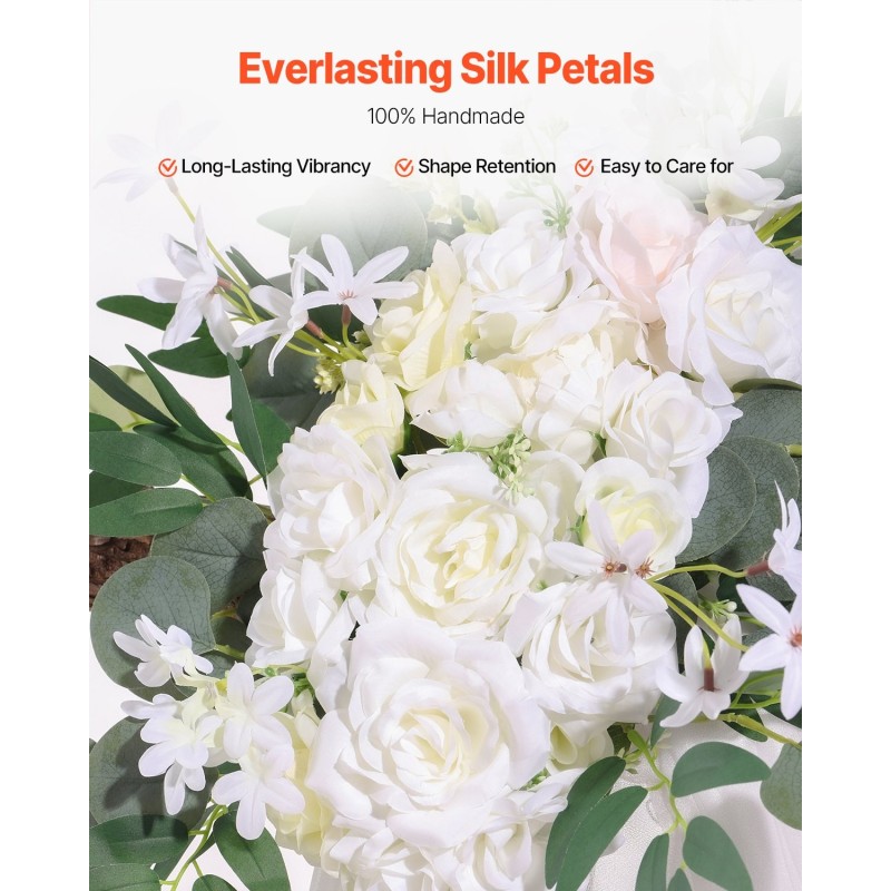 Hääkukkasetti 3-osainen valkoinen läpikuultava verho 6,4 metriä silkkikukat ruusut ja pionit