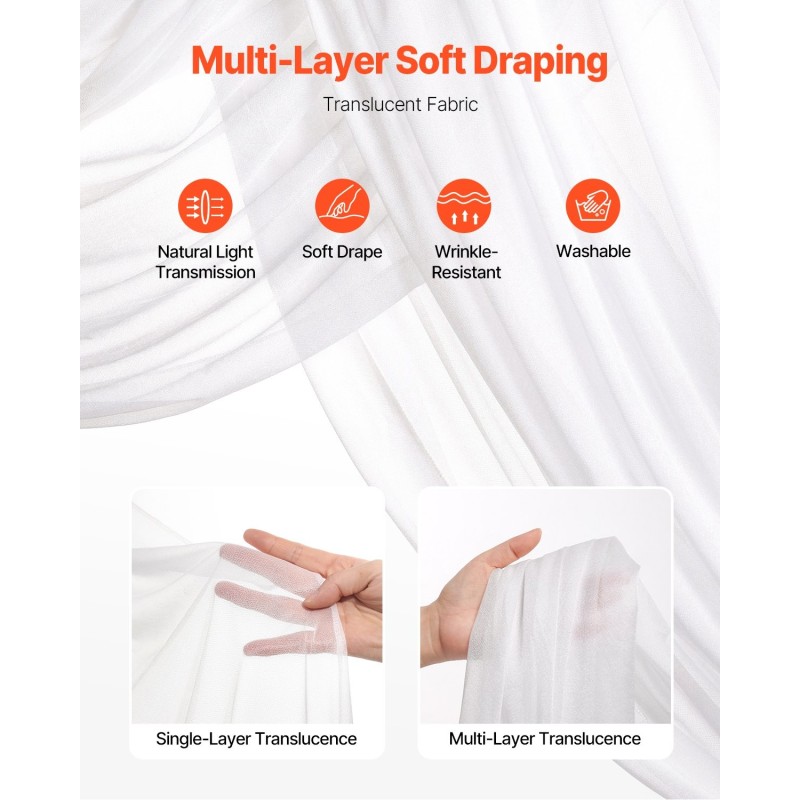 Hääkaarikoristesetti 4-osainen 2 silkkikukkaryhmää ja 6,4 m läpikuultavat verhot