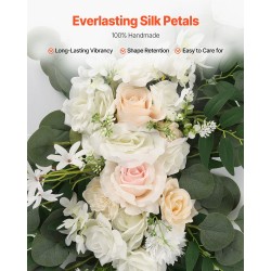 Hääkaarikoristesetti 4-osainen 2 silkkikukkaryhmää ja 6,4 m läpikuultavat verhot