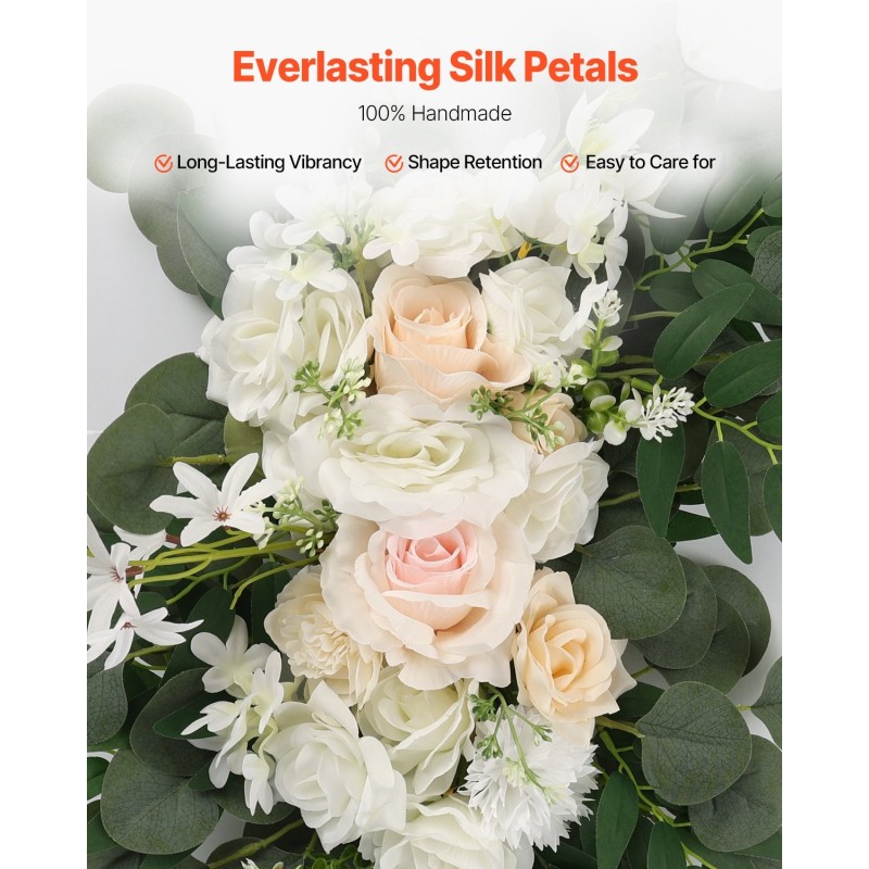 Hääkaarikoristesetti 4-osainen 2 silkkikukkaryhmää ja 6,4 m läpikuultavat verhot