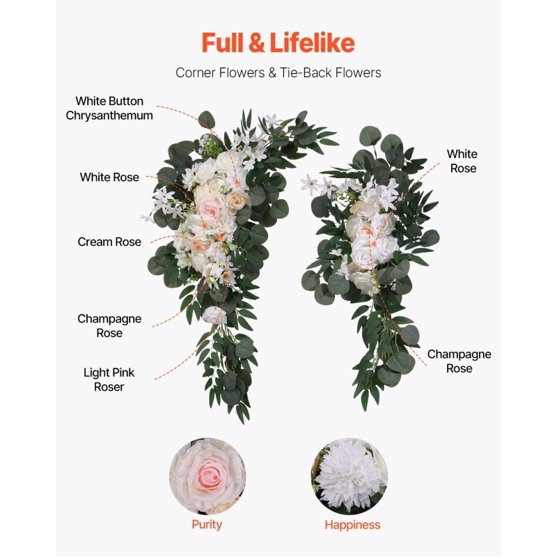 Hääkaarikoristesetti 4-osainen 2 silkkikukkaryhmää ja 6,4 m läpikuultavat verhot