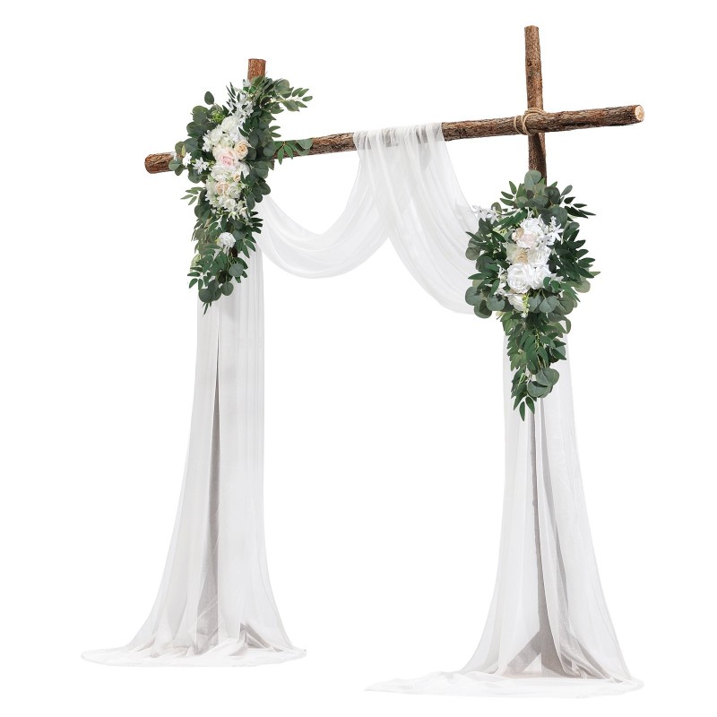 Hääkaarikoristesetti 4-osainen 2 silkkikukkaryhmää ja 6,4 m läpikuultavat verhot