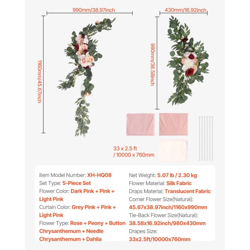 Hääkaaren kukkasetti silkkikukat viisi-osainen noin kymmenen metriä läpikuultava verho vaaleanpunaisen sävyissä