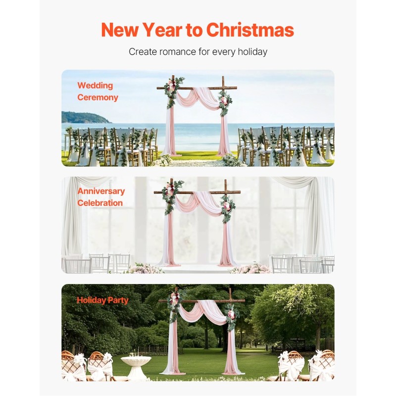 4-osainen silkkikukkasetti hääkaareen läpikuultavilla verhoilla ja nippusiteillä