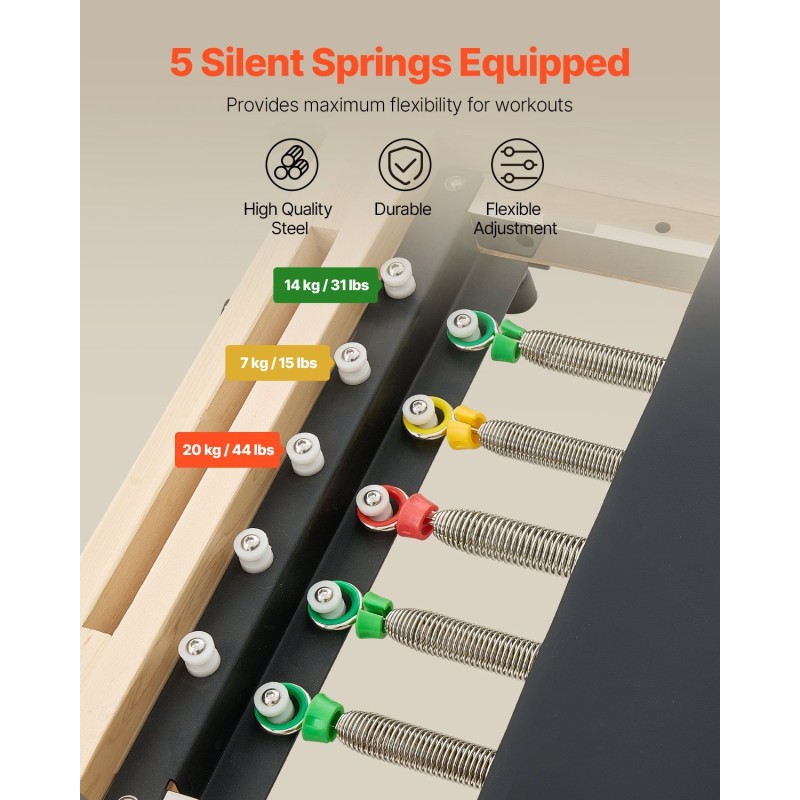 Taitettava puinen pilates-reformer kotikäyttöön jousi- ja naruvastuksella istuinlaatikolla