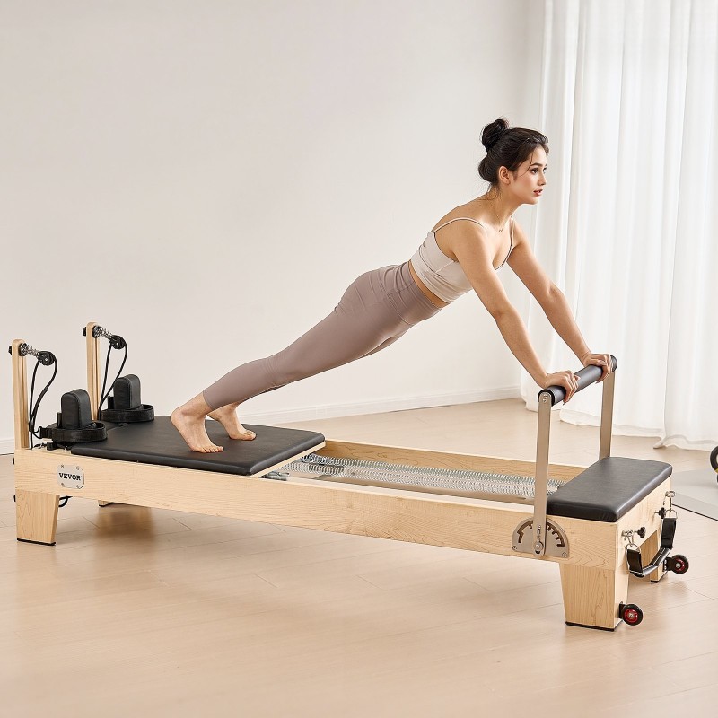 Pilates-reformerikone massiivipuusta 2380x735x925 mm jousi ja köysi istuinlaatikolla kotisalille ja studioille