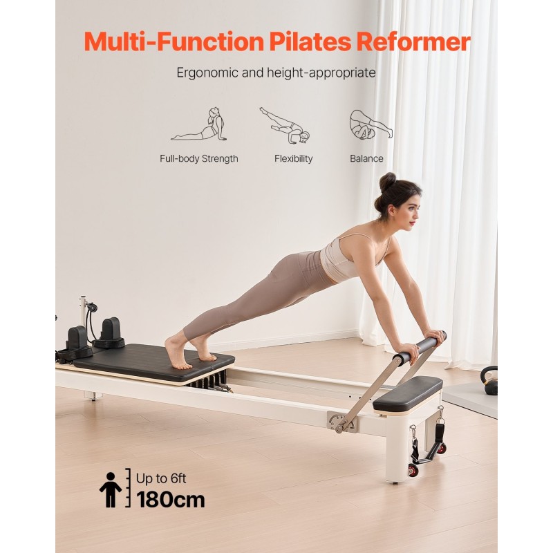 Pilatesreformer alumiiniseosrunko 2450x710x930 mm kotikäyttöön jousi ja naruvastus istuinlaatikolla
