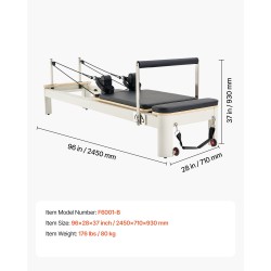 Pilatesreformer alumiiniseosrunko 2450x710x930 mm kotikäyttöön jousi ja naruvastus istuinlaatikolla