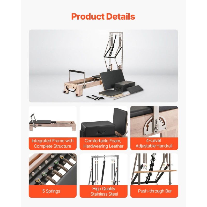 Puinen Pilates-reformerikone kaksinkertaisella vastuksella kotikuntosalille 2430x730x1990 mm