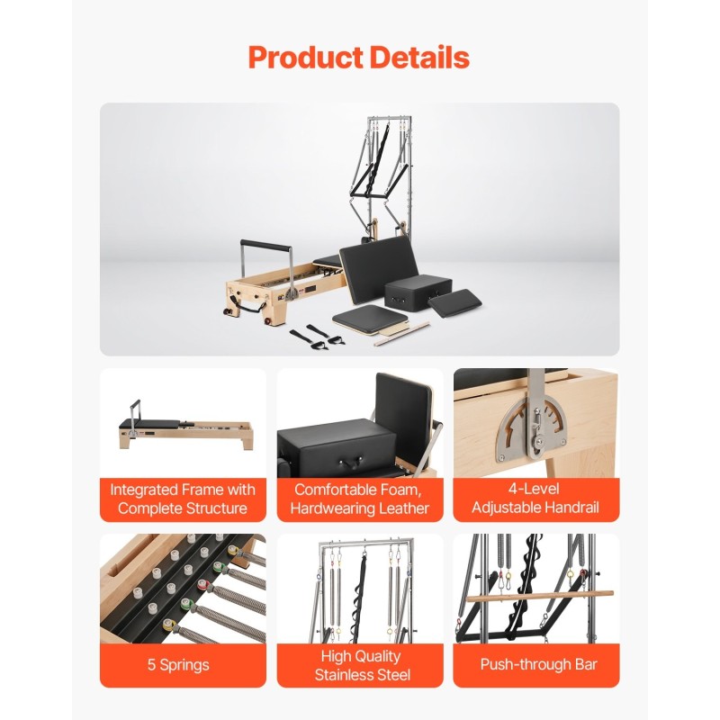 Puurunkoinen reformeri Pilates-harjoitteluun kotiin tai studioon 2400x735x1990 mm