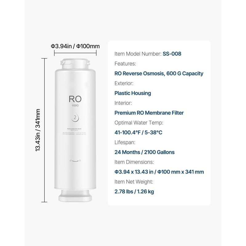 Käänteisosmoosisuodatin SS-008 10-vaiheinen 600 gallonaa vuorokaudessa allaskaappiin