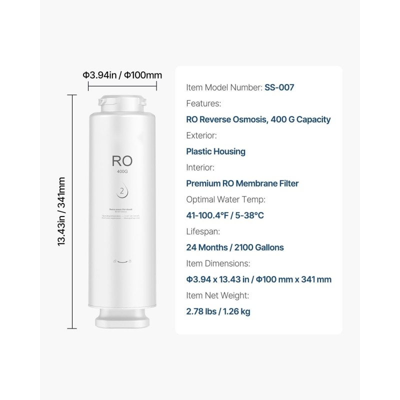 Käänteisosmoosisuodatin muovikotelo käänteisosmoosikalvolla altaan alle asennettava 400 gallonaa vuorokaudessa