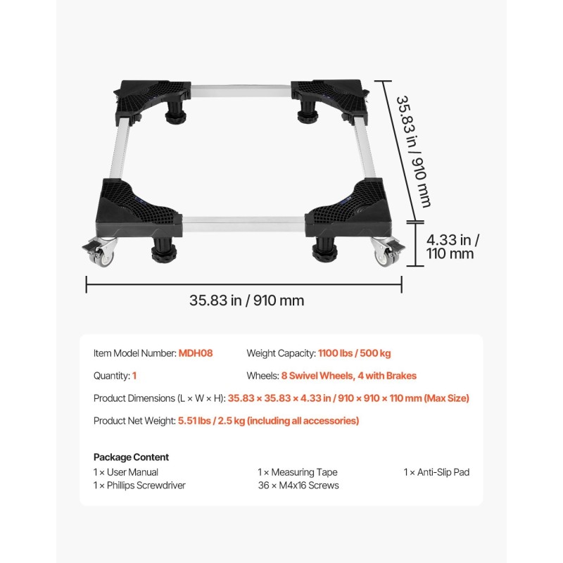 Säädettävä kodinkonealusta ruostumaton teräs 27,5–35,4 tuumaa 500 kiloa