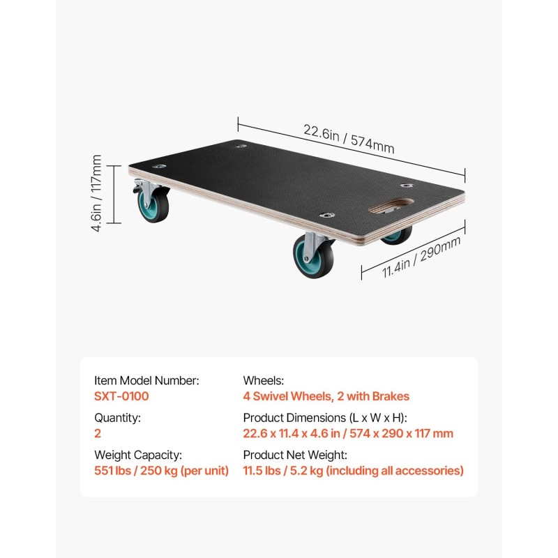 Huonekalukärry kaksi kappaletta 250 kg kantavuudella neljä pyörää joista kaksi jarrulla