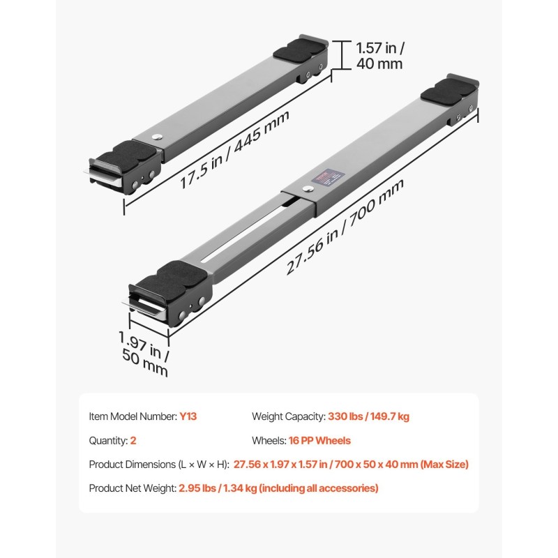 Säädettävä rullateline hiiliteräsrungolla 17.5–27.6 tuumaa 149.7 kg kantavuus 16 pyörää pesukoneille