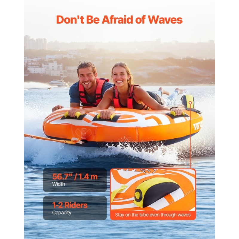 Vedettävä vesirengas 1–2 hengelle PVC-sisärengas nylonpäällinen pehmustetut kahvat D-muotoinen profiili