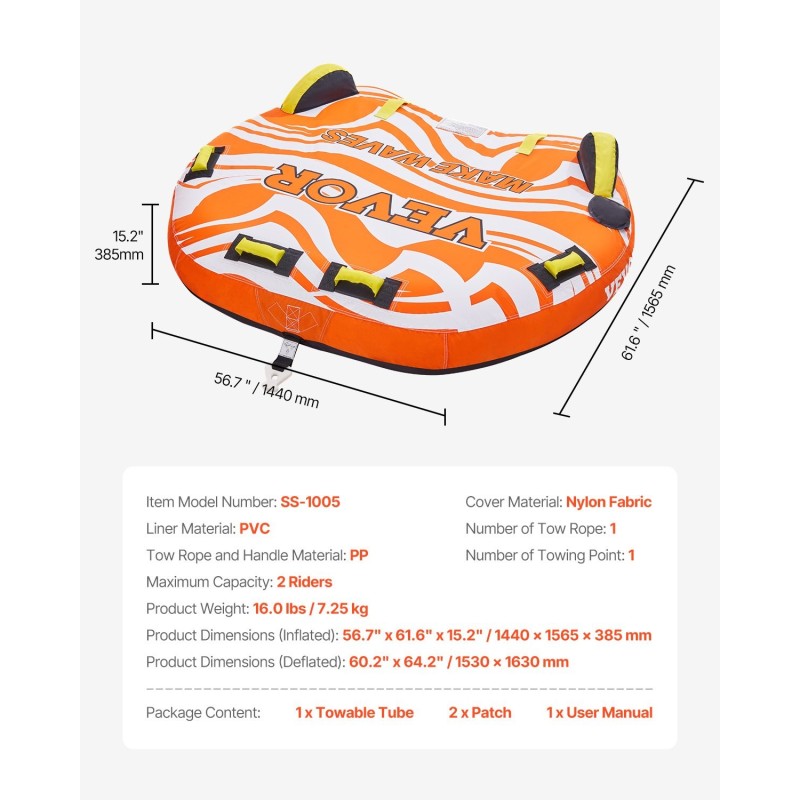 Vedettävä vesirengas 1–2 hengelle PVC-sisärengas nylonpäällinen pehmustetut kahvat D-muotoinen profiili