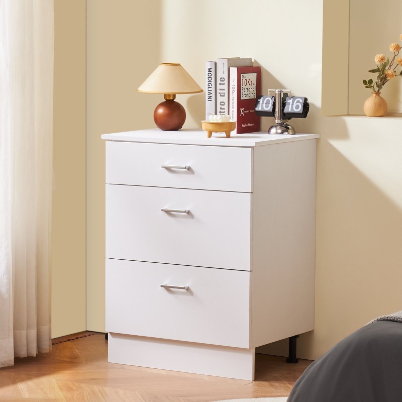 Alakaappi valkoinen puu kolme laatikkoa pehmeästi sulkeutuvilla kiskoilla