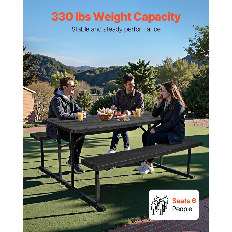 Taitettava piknikpöytä 180 cm kahdella kiinteällä penkillä teräsrunko korkeatiheyksinen polyeteeni