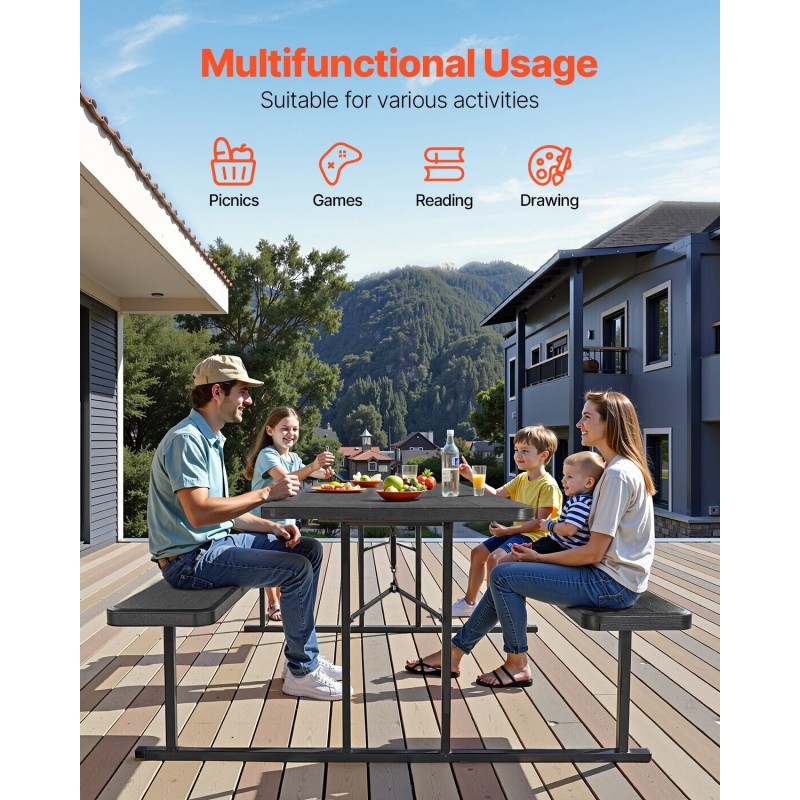 Taitettava piknikpöytä 180 cm kahdella kiinteällä penkillä teräsrunko korkeatiheyksinen polyeteeni