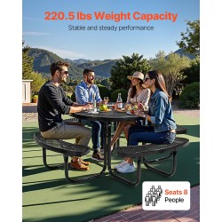 Pyöreä 46-tuuman piknikpöytä ja penkkisarja pinnoitettu teräsrunko ulkokäyttöön