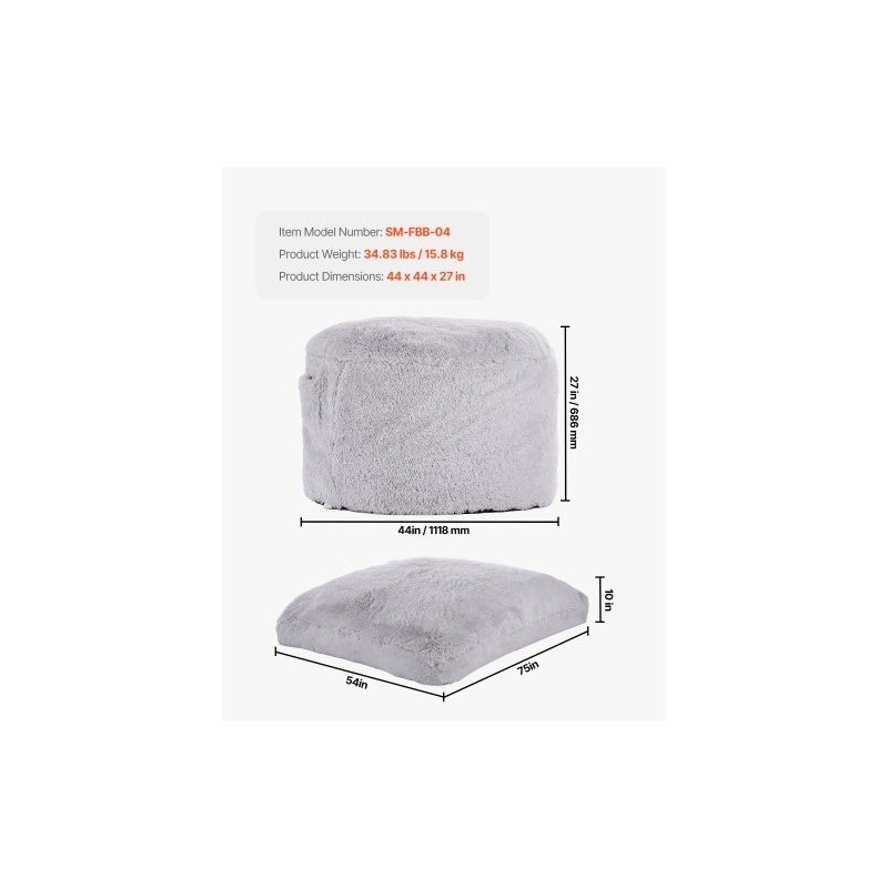 Muunnettava säkkituoli lepotuoli patja pehmeä pörröinen irrotettava pestävä päällinen harmaa