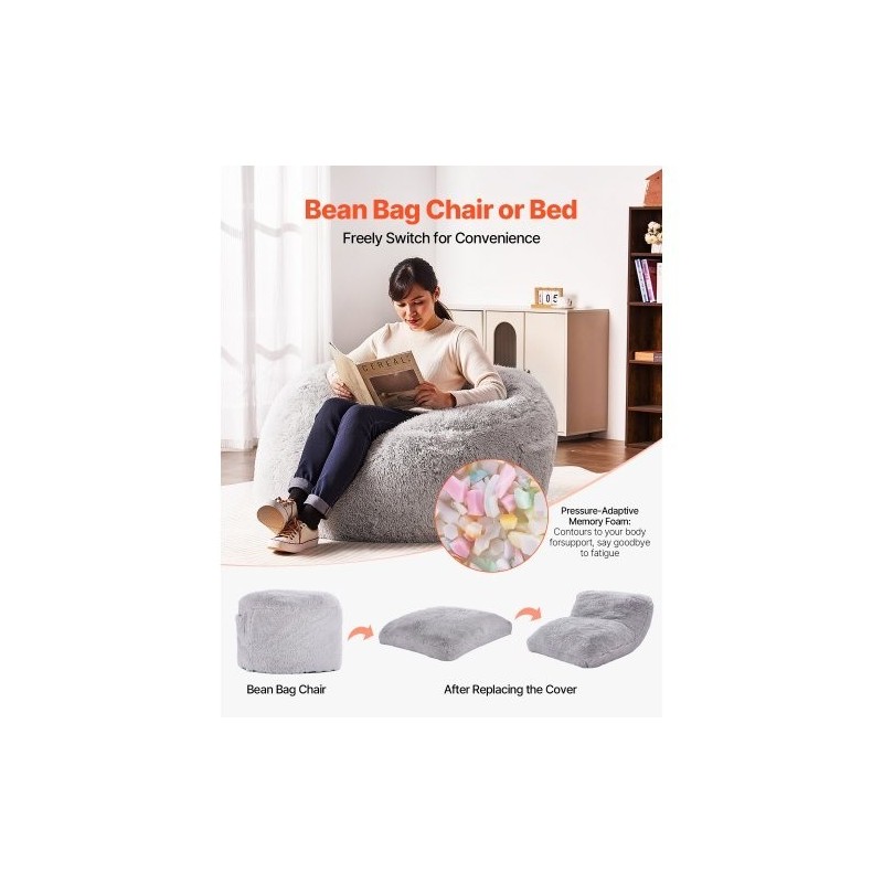 Muunnettava säkkituoli lepotuoli patja pehmeä pörröinen irrotettava pestävä päällinen harmaa