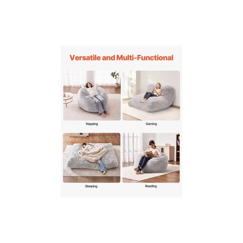 Muunnettava säkkituoli lepotuoli patja pehmeä pörröinen irrotettava pestävä päällinen harmaa